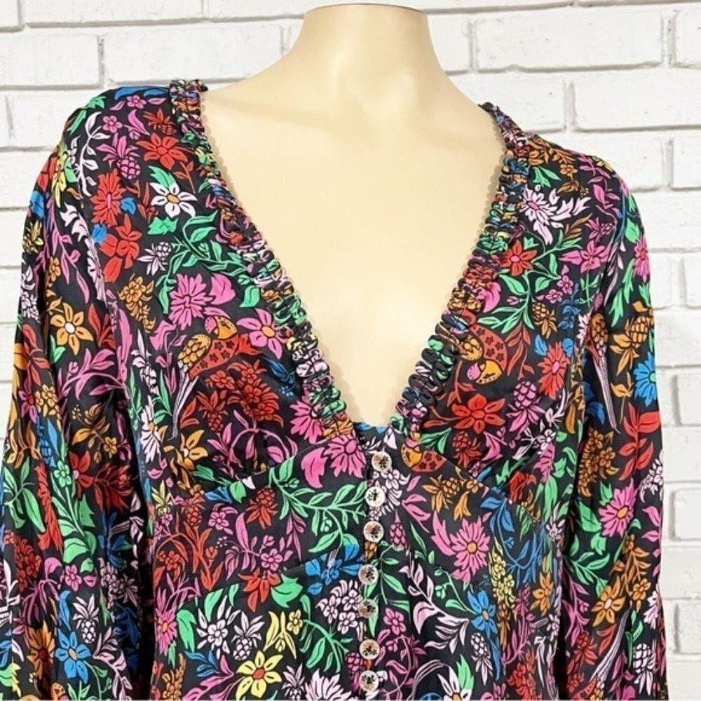 Farm Rio Black Mixed Prints Floral Birds Midi Dress V-Neck Balloon Sleeve Size L - Picture 9 of 16
